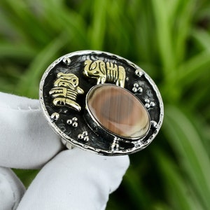 Imperial Jasper Ring: Adjustable 925 Sterling Silver, 18K Gold Plated