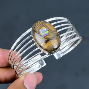 Ethopian opal in boulder opal bangle 925 sterling silver adjustable cuff bracelet handmade designer jewelry gemstone bangle engagement gifts