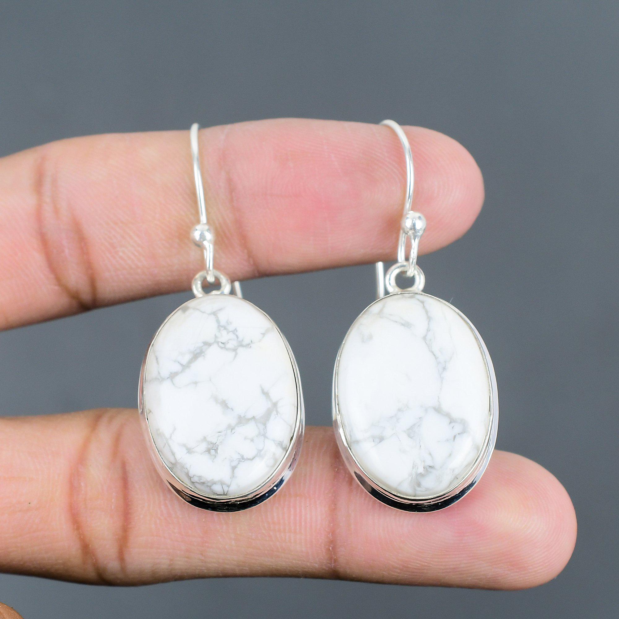 Handmade Oval Howlite Earrings: 925 Sterling Silver Gemstone Jewelry