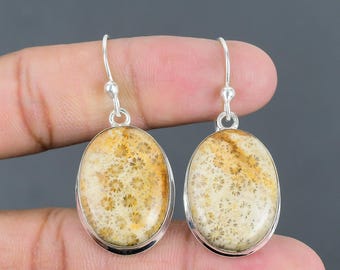 Handmade Fossil Coral Sterling Silver Earrings – Oval Gemstone Birthstone Jewelry