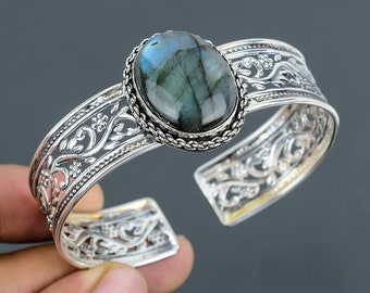 Handmade Labradorite Cuff Bracelet: Adjustable 925 Sterling Silver Bangle