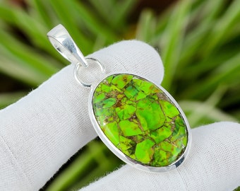 Handmade Copper Green Turquoise Pendant: 925 Sterling Silver Healing Stone