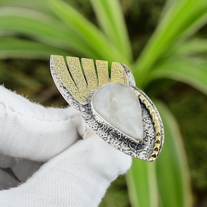 Handmade Pear Rainbow Moonstone Ring: 18K Gold Plated Sterling Silver Adjustable Band