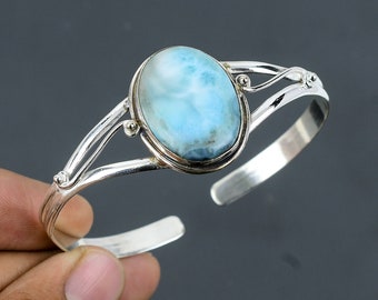 Handmade Larimar Cuff Bracelet: Adjustable Sterling Silver Bangle