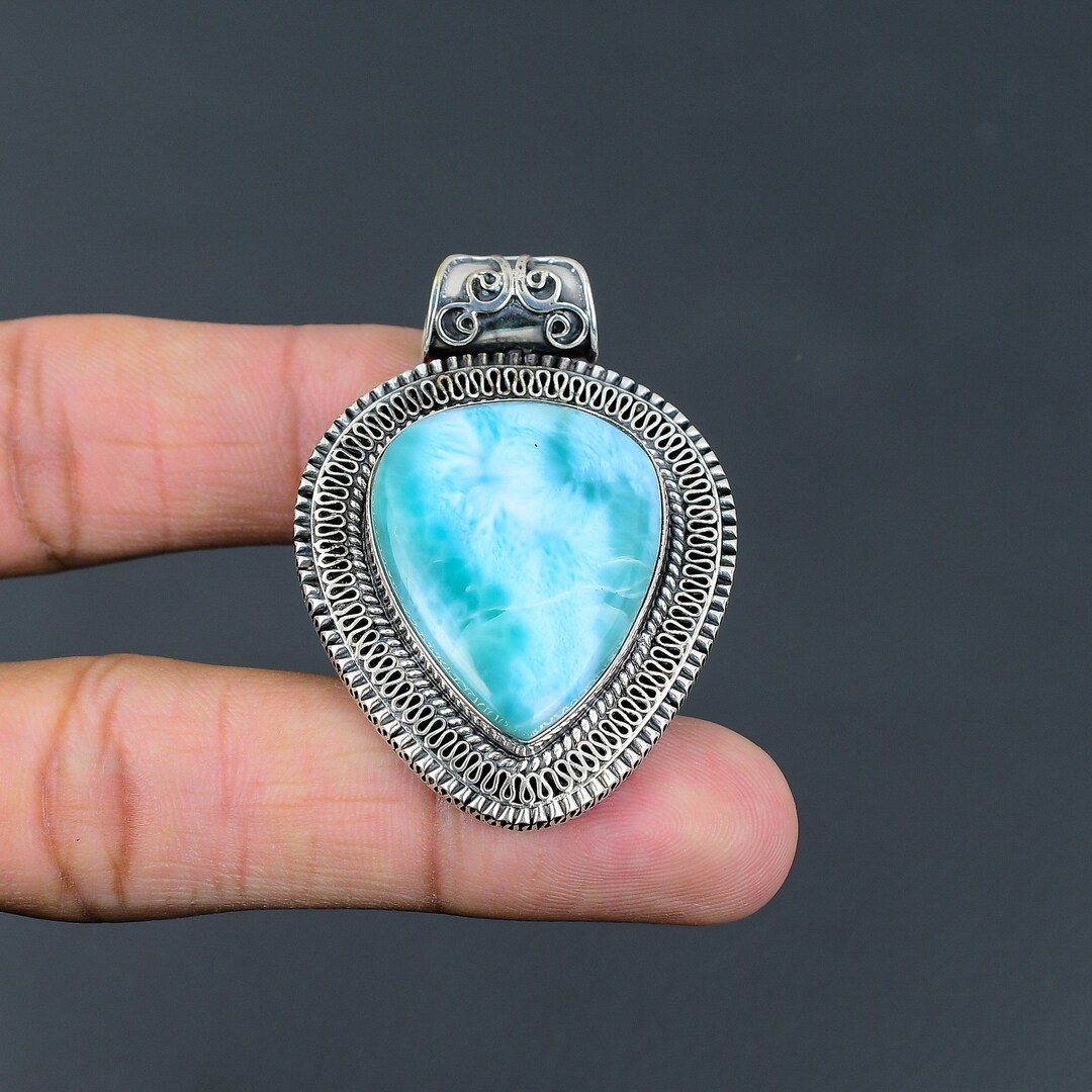 Handmade Larimar Gemstone Pendant In 925 Sterling Silver - Teardrop Shape, Natural Dominican Larimar (10+ Cts) - Valentine's Gift