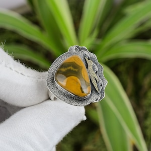 Handmade Ocean Jasper Ring: Adjustable 925 Sterling Silver, 18K Gold Plated