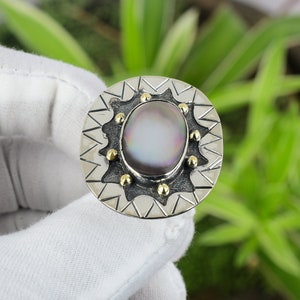 Handmade Mother of Pearl Ring: 18K Gold Plated 925 Sterling Silver, Size 8.5