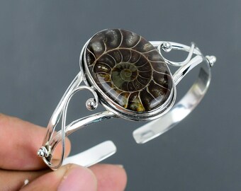 Ammonite Fossil Bangle: Handmade 925 Sterling Silver Adjustable Cuff