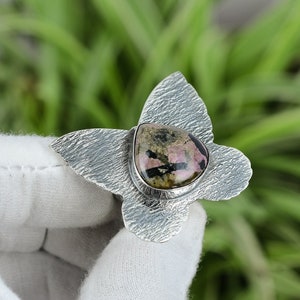 Handmade Rhodonite Ring: Pear Gemstone, 925 Sterling Silver, Size 7