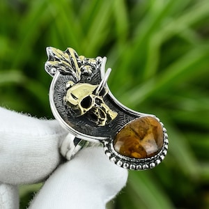 Golden Pietersite Skull Ring: Adjustable Sterling Silver, 18K Gold Plated