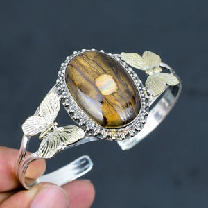 Ethopian opal in boulder opal bangle 925 sterling silver adjustable bangle 18k gold plated butterfly cuff bracelet handmade gemstone jewelry
