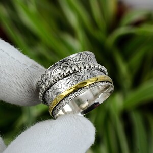 Handmade Sterling Silver Spinner Ring: 18K Gold Plated Anxiety Ring, Size 12.5