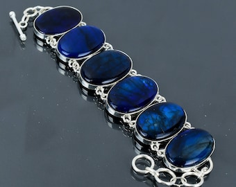 Pulsera de labradorita de fuego azul: joyería ajustable hecha a mano en plata de ley 925