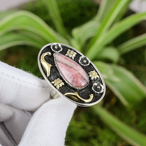 Rhodochrosite Ring 925 Sterling Silver Ring Adjustable Ring 18K Gold Plated Natural Gemstone Ring Handmade Unique Ring Bridesmaid Gift