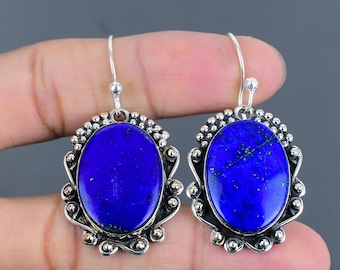 Handmade Lapis Lazuli Dangle Earrings: 925 Sterling Silver Gemstone Jewelry