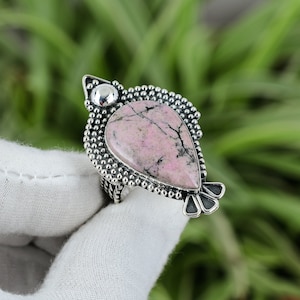 Pear Rhodonite Ring: Handmade 925 Sterling Silver, Size 9