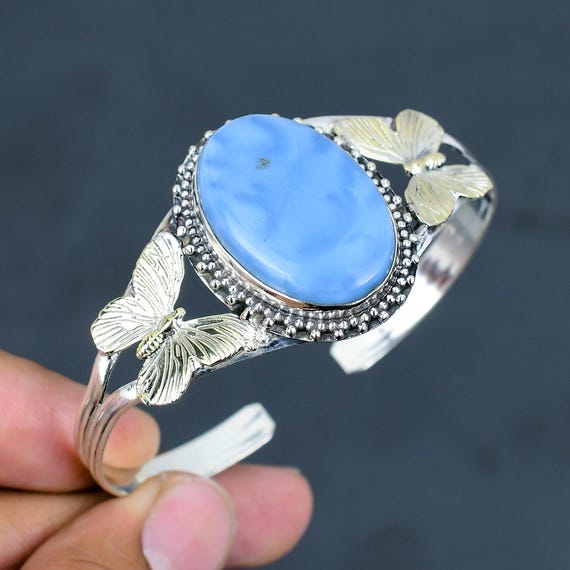 Owyhee Blue Opal Cuff Bracelet: Sterling Silver Butterfly Bangle