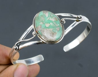 Variscite Cuff Bracelet: Handmade 925 Sterling Silver Adjustable Bangle
