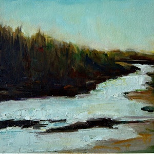 Dynamic original landscape oil painting of river in early winter