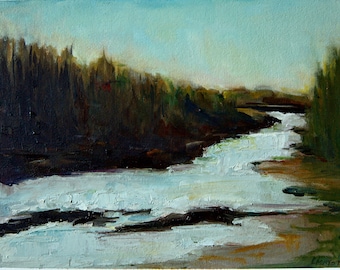 Pintura al óleo de paisaje original dinámico del río a principios de invierno