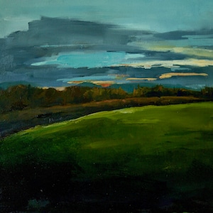 Bellissimo dipinto di paesaggio originale contemporaneo a olio di montagne.