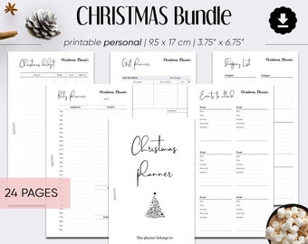May include: A printable Christmas planner bundle with 24 pages. The bundle includes a Christmas budget, gift planner, party planner, shopping list, and events to attend. The planner is 9.5 x 17 cm or 3.75 x 6.75 inches.