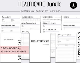 Medical Planner Printable Bundle, Health Planner, Pill Tracker, Period Tracker, Medical History, Doctor Appointment Log, A5 Planner Inserts