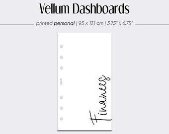 May include: A white printable vellum dashboard with the word "Finances" written in black cursive. The dashboard is 9.5 x 17.1 cm or 3.75 x 6.75 inches. The text "Vellum Dashboards" is at the top of the image. The text "SQUIZZLEBERRY sophisticated planner essentials" is at the bottom of the image.