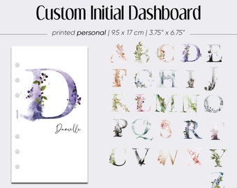 Tableau de bord de nom personnalisé imprimé, tableau de bord en vélin personnalisé, tableau de bord d’aquarelle initial de nom personnalisable, vélin d’insertion personnelle