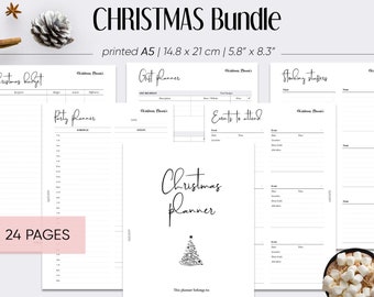 Op de afbeelding: Een zwart-witte printbare kerstplannerbundel met 24 pagina's. De planner bevat secties voor een kerstbudget, een feestplanner, een cadeauplanner, evenementen om bij te wonen en kerstsokken. De planner is gedrukt op hoogwaardig 140 g/m² papier en is dubbelzijdig. De planner is verkrijgbaar op www.squizzleberry.com.