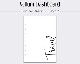 PRINTED Travel Vellum Dashboard, Filofax Dashboard for Minimal Planner, A5 Planner Inserts, Planner Vellum, Transparent Dashboard