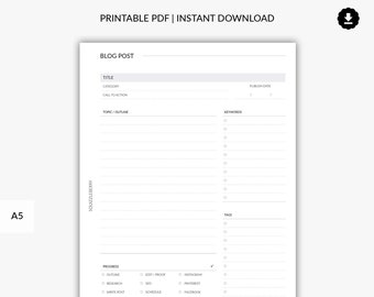 Blog Post Planner Printable, Blog Template, Blog Organizer, Blogger Planner, Content Planner, Business Planner, Minimal A5 Planner Inserts