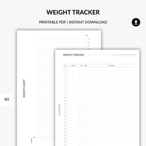 May include: Printable weight tracker log with a grid chart for tracking weight loss or gain. The tracker includes columns for day, weight, mood, and comments. The page is labeled "Weight Tracker" and "Printable PDF | Instant Download".