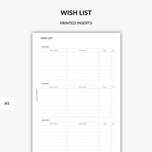 Gedruckte Wunschliste Tracker, Weihnachtswunschliste, Geburtstagsgeschenkliste, Einkaufsliste, Bucket List, Urlaubswunschliste, A5 Planereinsätze