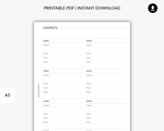 Contacts List Printable Planner, Business Contacts, Address Book Page, Contacts Info Insert, Minimalist Planner, Phone Book Pages, A5 Insert