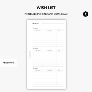 Planificador de lista de deseos imprimible, lista de deseos de Navidad, lista de regalos de cumpleaños, lista de compras, lista de deseos en planificador personal, lista de deseos de vacaciones