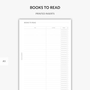 Libri STAMPATI da leggere Tracker, Tracker di libri, Diario di libri, Elenco di libri, Pianificatore di libri, Registro di libri, Pianificatore minimo, Inserti per pianificatore A5