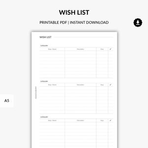 Wunschliste Tracker Planer druckbar, Weihnachtswunschliste, Geburtstagsgeschenkliste, Einkaufen, Bucket List, Urlaubwunschliste, A5 Planereinlagen