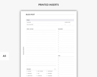 PRINTED Blog Post Planner, Blog Template, Blog Organizer, Blogger Planner, Content Planner, Business Planner, Minimal A5 Planner Inserts