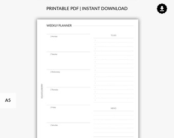 May include: A printable weekly planner template in A5 size. The planner has a simple design with spaces for each day of the week, to do list, memo, and notes.