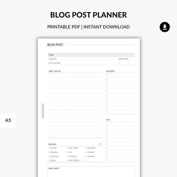 Blog Post Planner Printable, Blog Template, Blog Organizer, Blogger Planner, Content Planner, Business Planner, Minimal A5 Planner Inserts