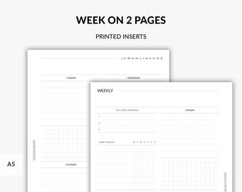 PRINTED Weekly Planner in A5 Size, Week on 2 Pages, Weekly Agenda, Weekly Organizer, Week at a Glance, Weekly Calendar, A5 Planner Inserts