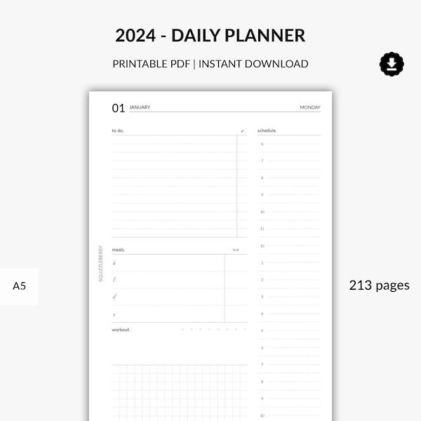 2024 Daily Planner Printable, Daily Schedule with a Meal and Fitness Tracker including To Do List, Daily Spending in A5 Printable Pages