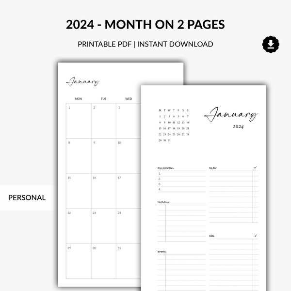 Printable 2024 Month on 2 Pages, Mo2P, Monthly Planner, Monthly Overview, 2024 Planner, Month at a Glance, Dated Personal Planner Insert