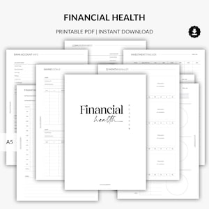 Planificador de salud financiera imprimible, bola de nieve de deuda, registro de ahorros, descripción general del presupuesto anual, seguimiento de tarjetas de crédito, resumen financiero, páginas A5