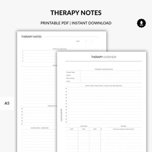 Utskrivbar terapianteckningsplanerare, personliga utvecklingssidor för psykisk hälsa, depressionsdagbok, positivt tänkande ark, A5-planerare