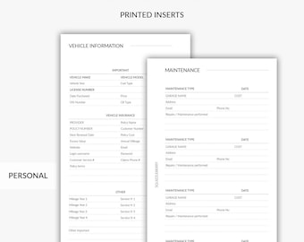 PRINTED Monthly Mileage Log, Mileage Tracker, Travel Log, Vehicle Maintenance, Car Fuel Tracker, Vehicle Insurance, Personal Planner Inserts