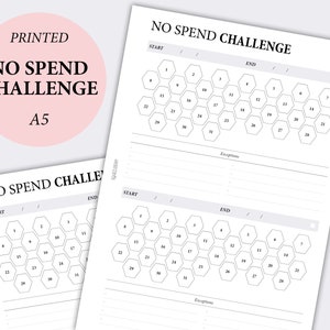 GEDRUKTE no spend Challenge, besparingen uitdaging, spaarkaart, uitgaven tracker, geen uitgaven maand, besparingen planner, A5 planner inserts