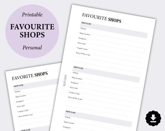 Favorite Shops Tracker Planner Printable, Favorite Stores, Minimal Inserts, Personal size Inserts, My Favourite Shops, Etsy Shop Tracker