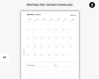 Printable 2026 Month on 1 Page, Mo1P, Monthly Planner, Monthly Overview, 2026 Planner, Month at a Glance, Dated Calendar, A5 Planner Insert